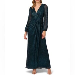 Metallic Long Sleeve Surplice V-Neck Ruched Detailed Draped Gown